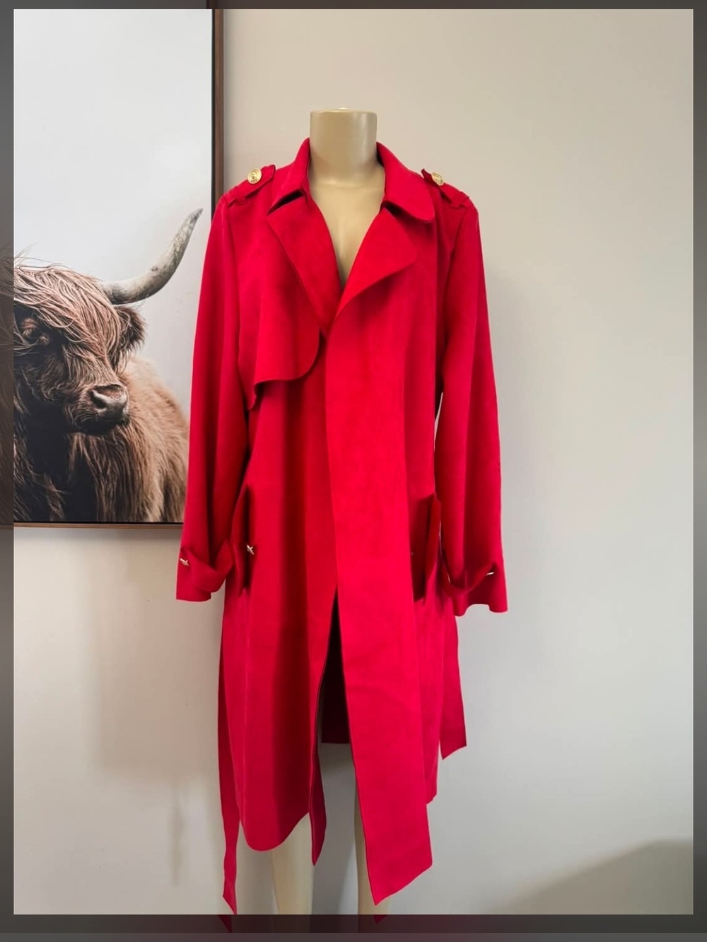 Bold Red Women's Trench Coat with Gold Accent Buttons